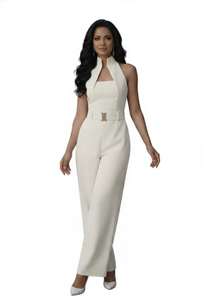 Ivory High-collar Jumpsuit – Gold Buckle