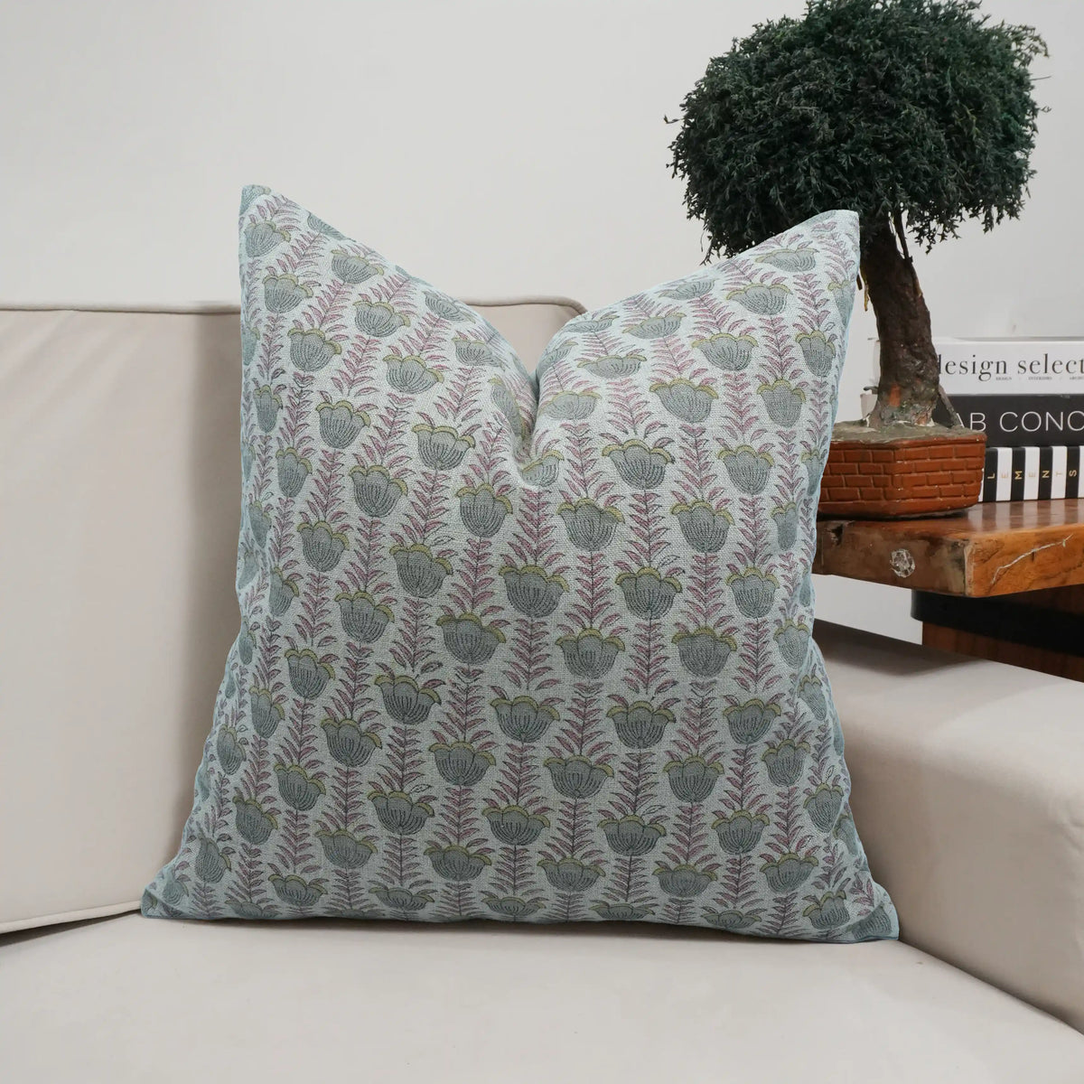 Handmade Block Print Thick Linen Throw Cushion Cover - Lotus