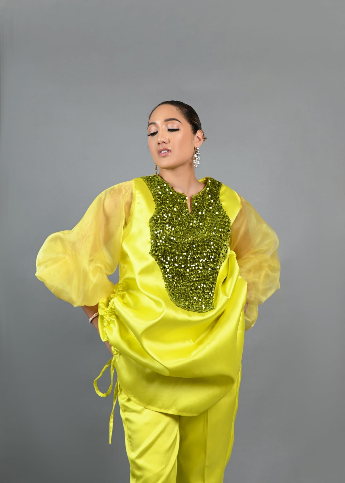 Boss Tunic Top and Pant set with sequin and bubble sleeves (Neon)