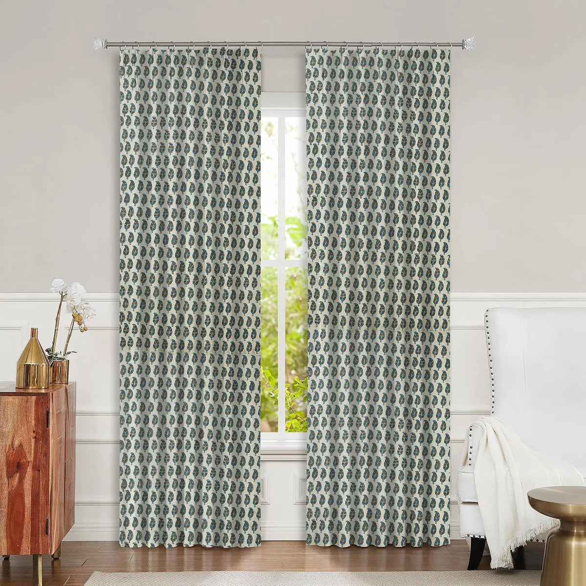 Hand Block Print Pure Linen Pleated Curtain - Lil Paisley