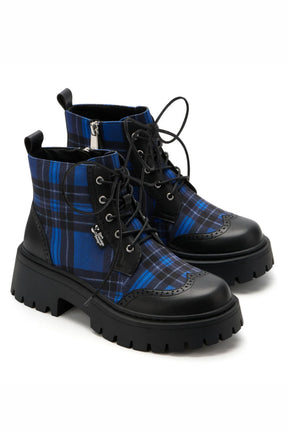 Blue-Tartan Women's Chunky Platform Boots