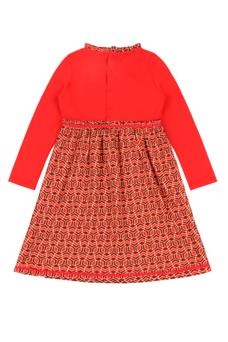 Mixed Up Clothing Girls Long Sleeve Ruffle Trim Dress Red Multicolor