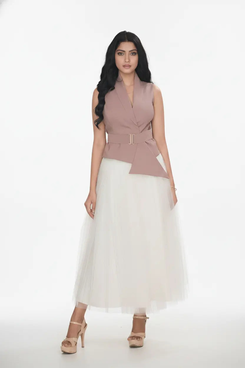 Ivory Skirt & Salmon Pink Waist Coat - Chic Harmony
