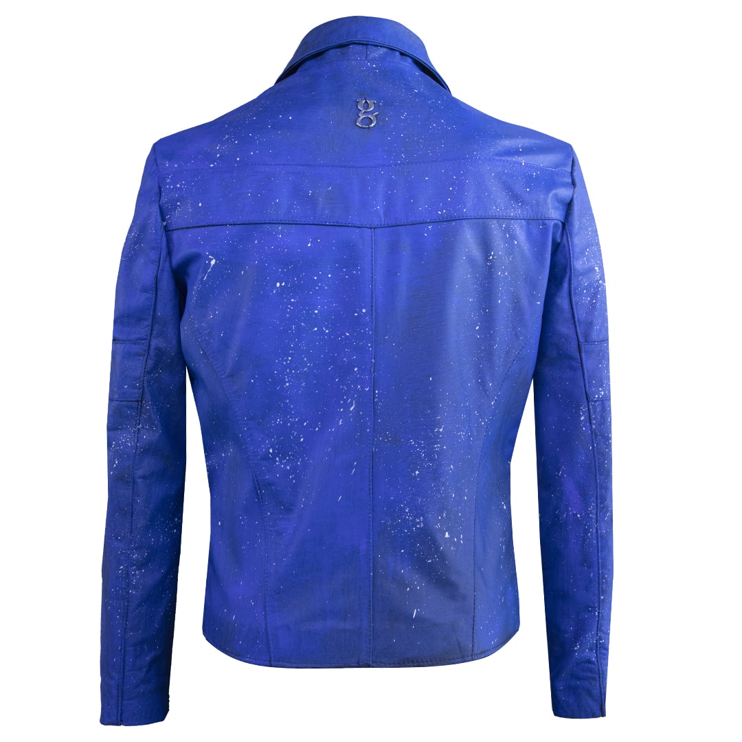 Vibrant blue leather jacket with paint splatter details