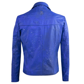 Vibrant blue leather jacket with paint splatter details