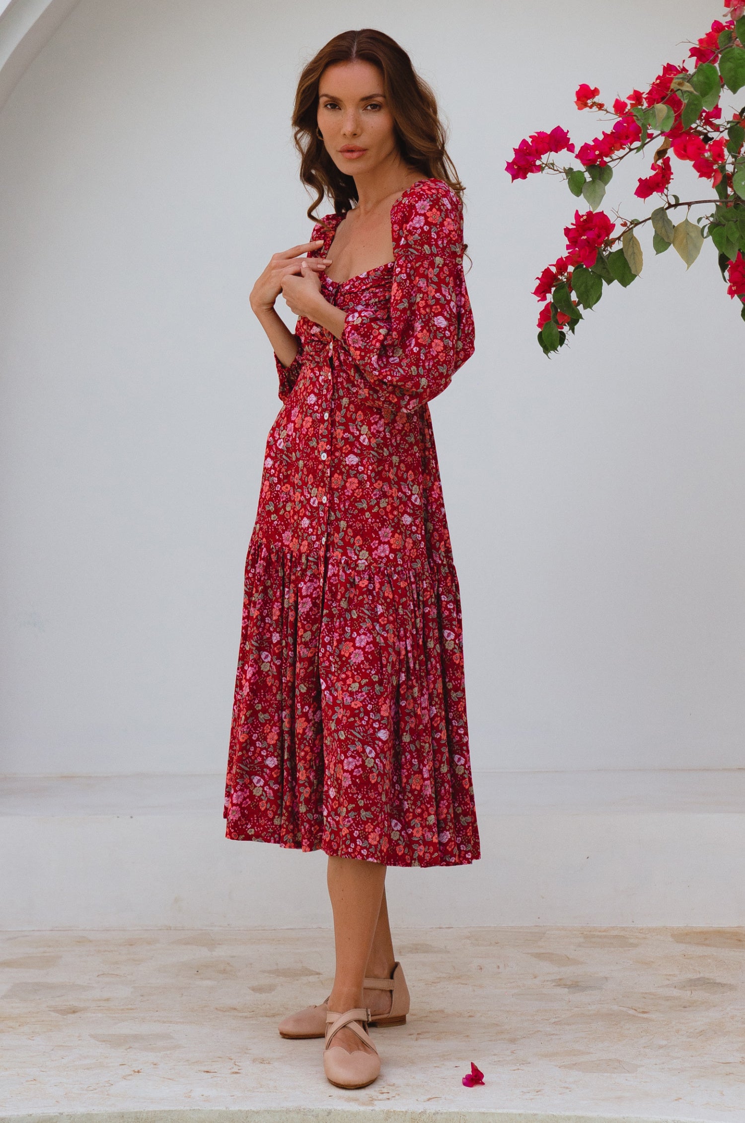 Verona Long Sleeve Midi Dress - Ruby Wildflower