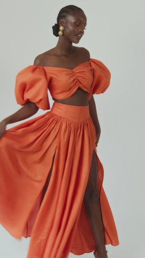 Linen SKYE Puffy Sleeve Crop Top in Orange