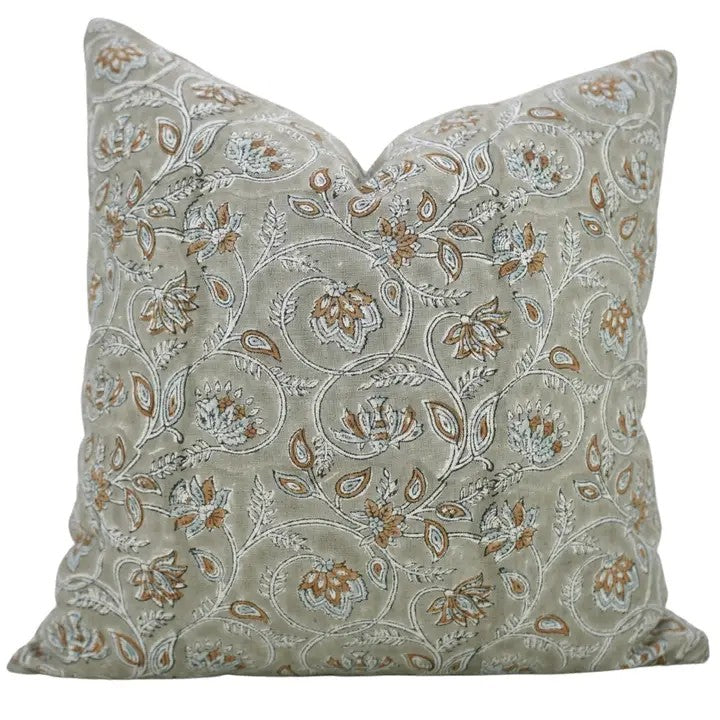 Indian Hand Block Printed Viscose Linen Pillow Cover- Saraswati
