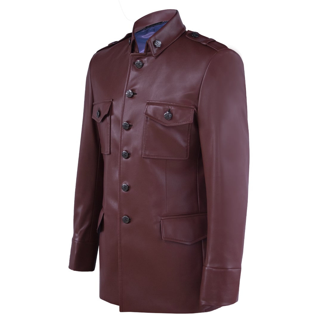 Wine-red synthetic leather military-style jacket