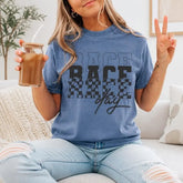 Stacked Race Day Checkered Typography Graphic T-Shirt | Blue Vintage Racing Cotton Tee