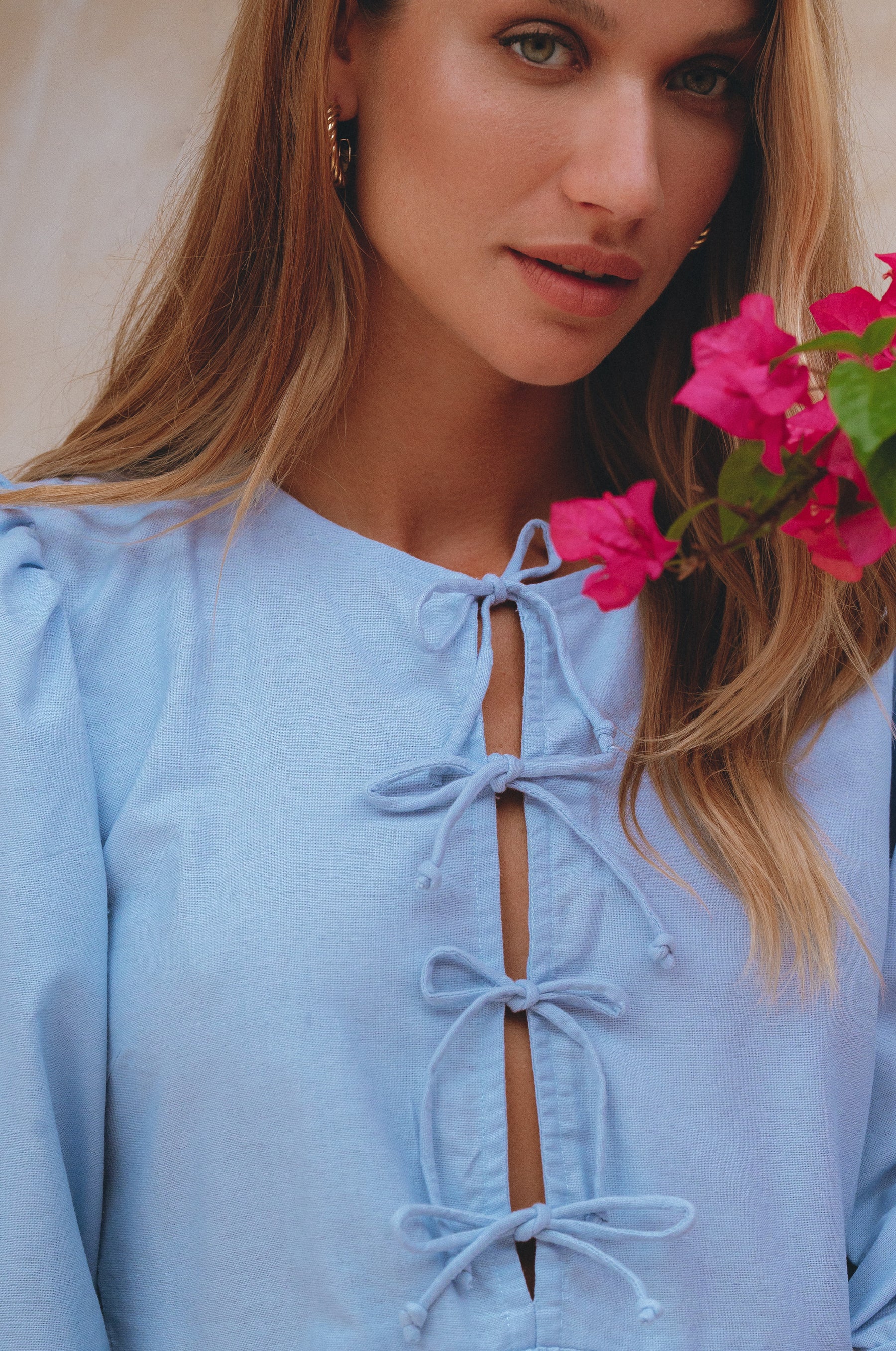 Beatrice Puff Sleeve Linen Mini Dress - Crystal Blue