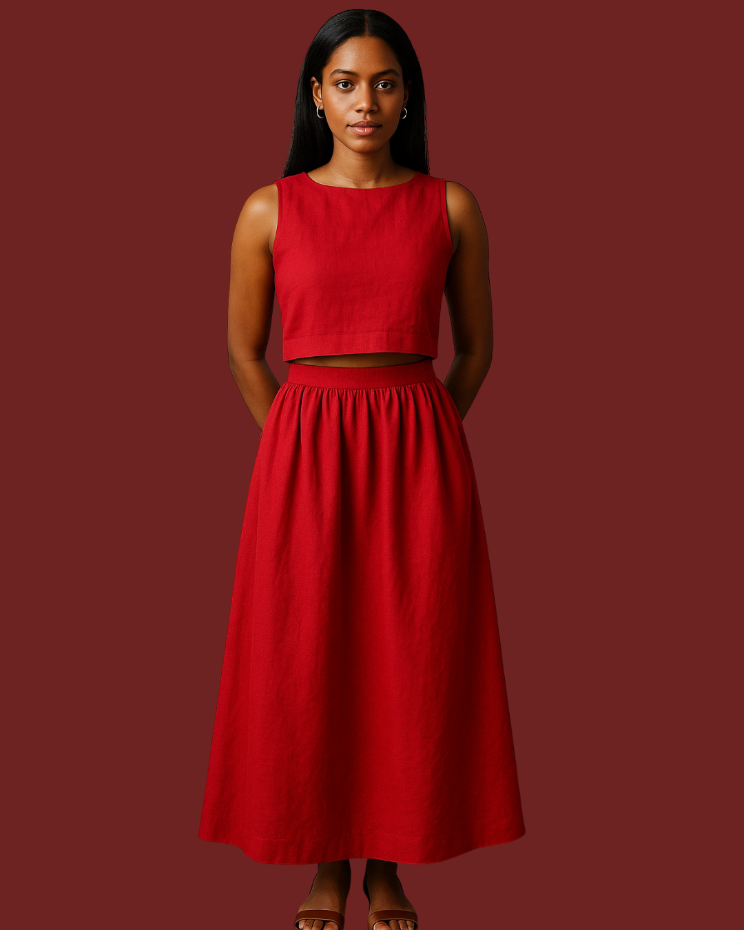 Aria Two-Piece Linen Set – Red Cropped Top & Midi Skirt Co-ord