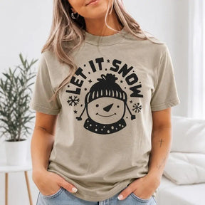 Let It Snow Snowman Winter Graphic T-Shirt | Khaki Christmas Holiday Cotton Tee