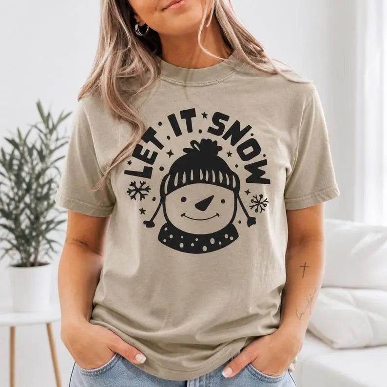 Let It Snow Snowman Winter Graphic T-Shirt | Khaki Christmas Holiday Cotton Tee