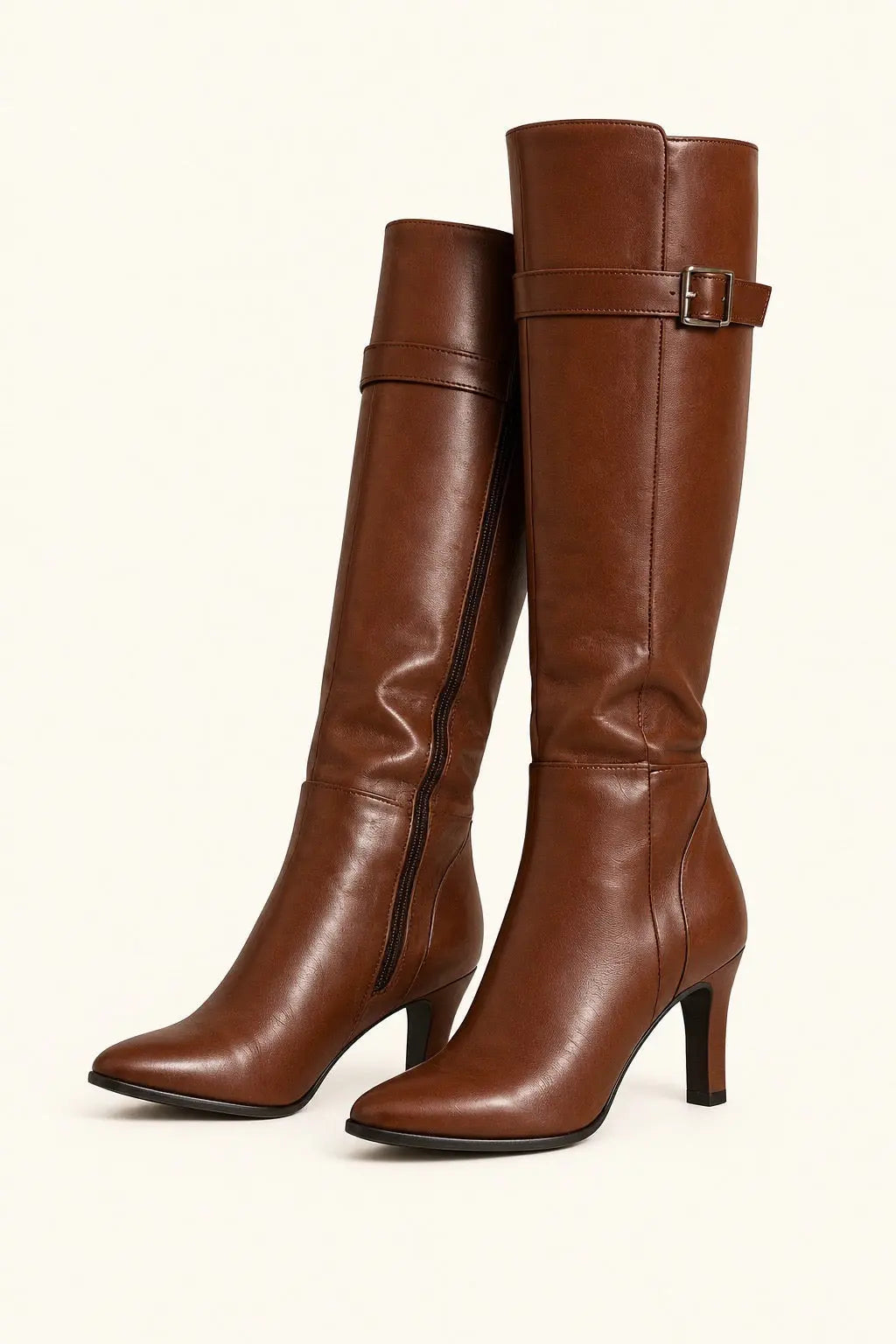 Cognac Brown Leather Knee-High Boots with Buckle Detail