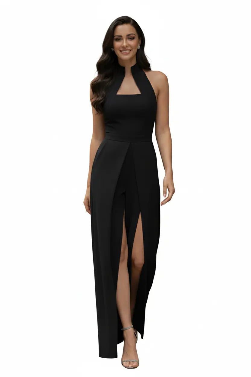 Black High-collar Slit-leg Jumpsuit