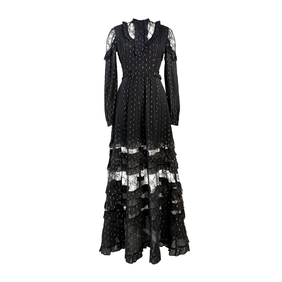 Solgo Metallic Silk Ruffle Maxi Dress