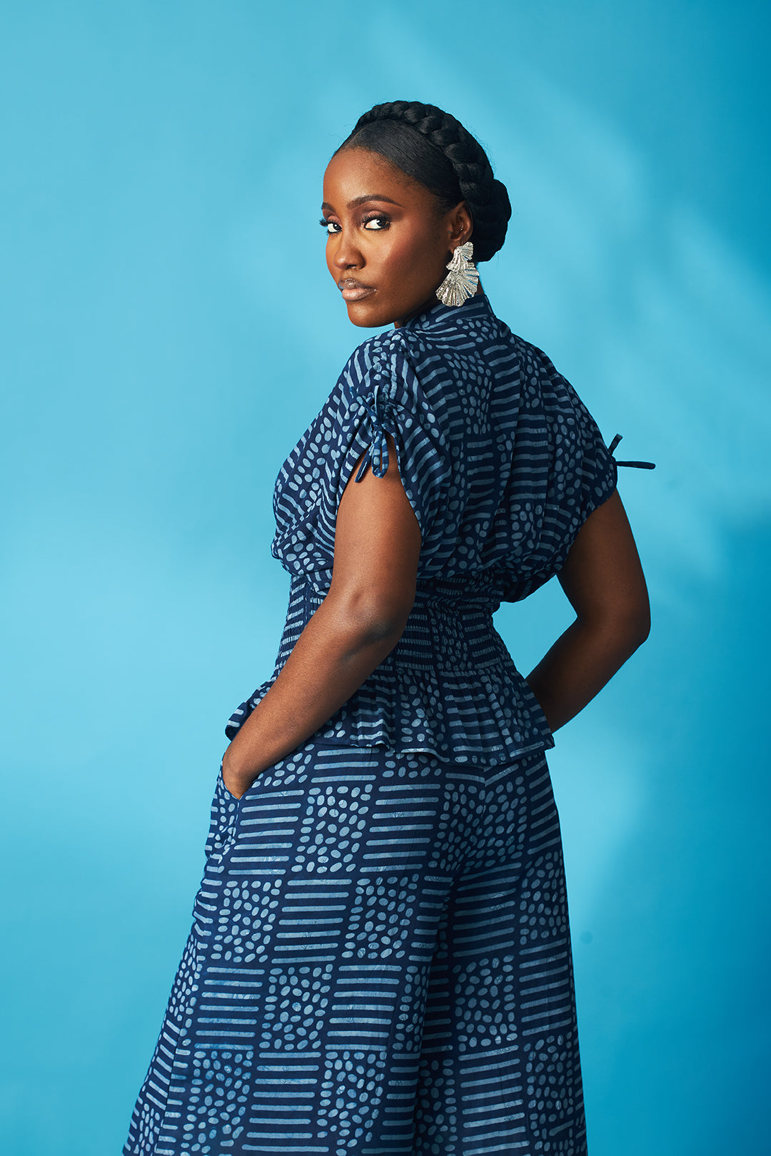 Jelly indigo asymmetric smocked blouse