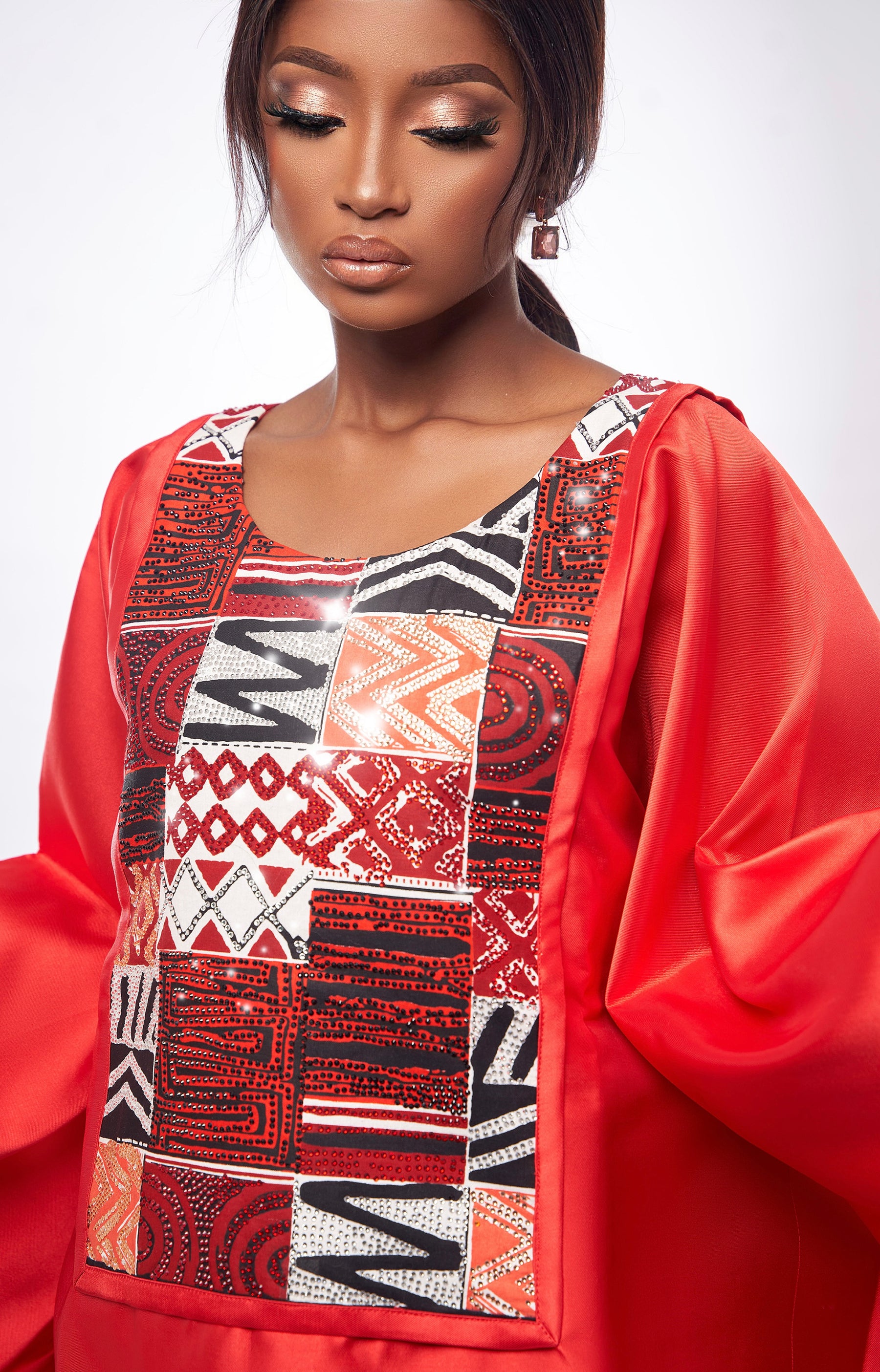 Red Jewelled Satin and African Print Dress Boubou