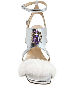 Silver Leather Open Toe Feather Pump