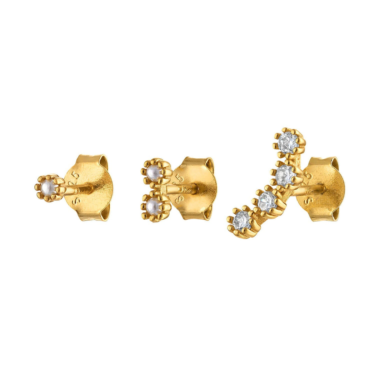 3 Flower Climber Gold Earring Stud Set Pave Pearl Sterling Silver