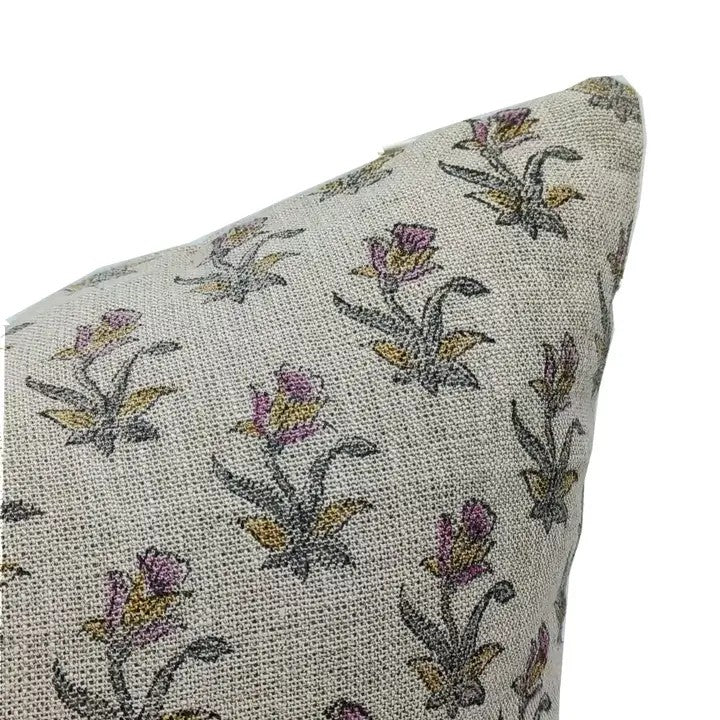 Floral Block Print Thick Linen Cushion Cover -Coastal Tulip