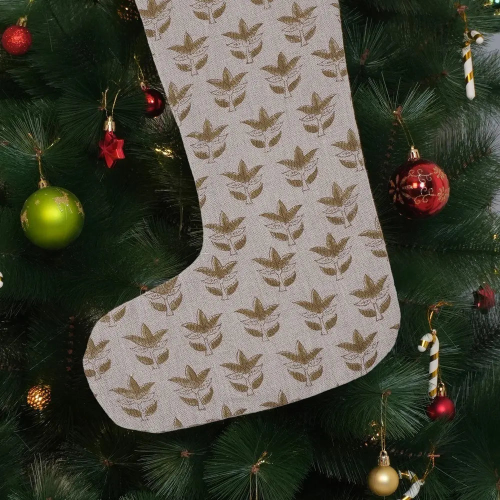 Floral Block Printed Thick Linen Christmas Tree Stocking - 7 Patti