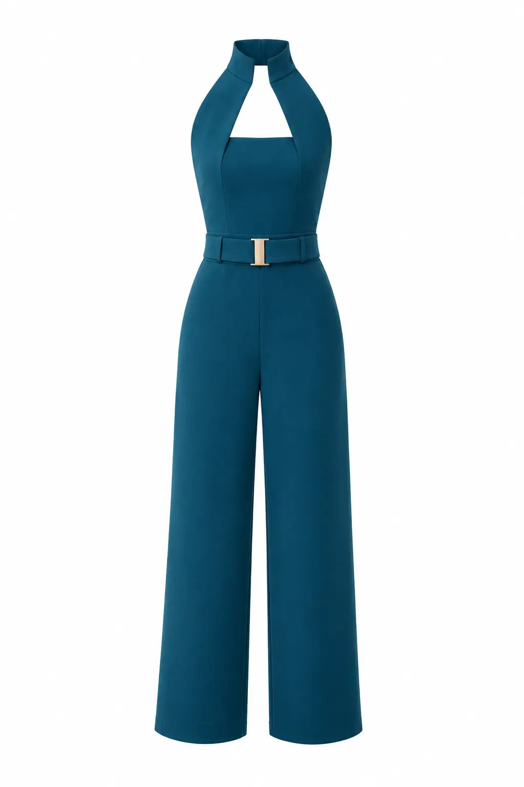 Ink Blue High-collar Jumpsuit – Gold Buckle