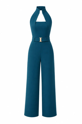 Ink Blue High-collar Jumpsuit – Gold Buckle