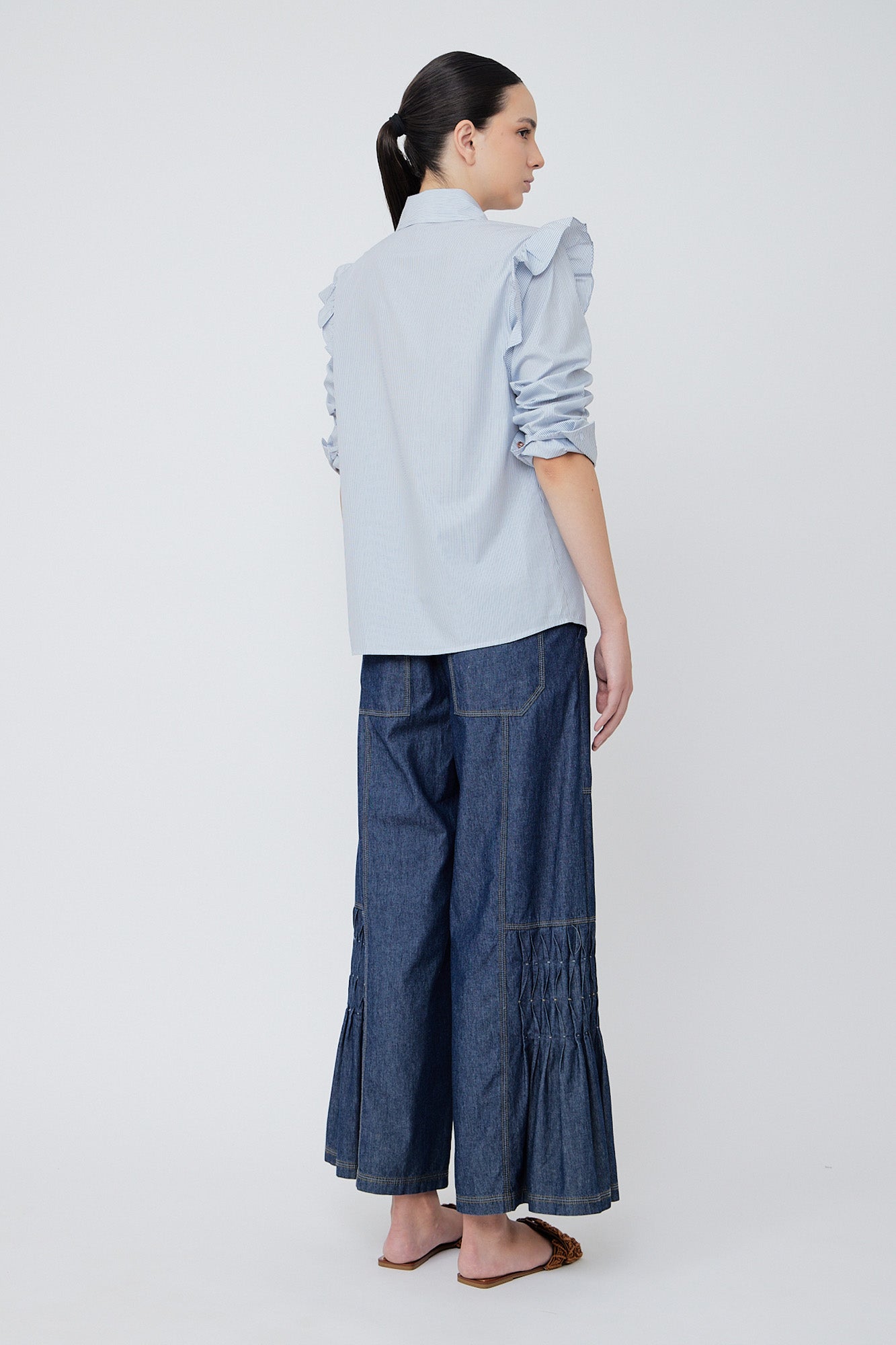 Bobi Ruffle Detail Striped Blouse