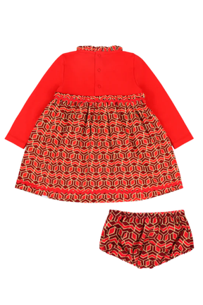 Mixed Up Clothing Long Sleeve Ruffle Trim Dress and Bloomer Set Red Multicolor