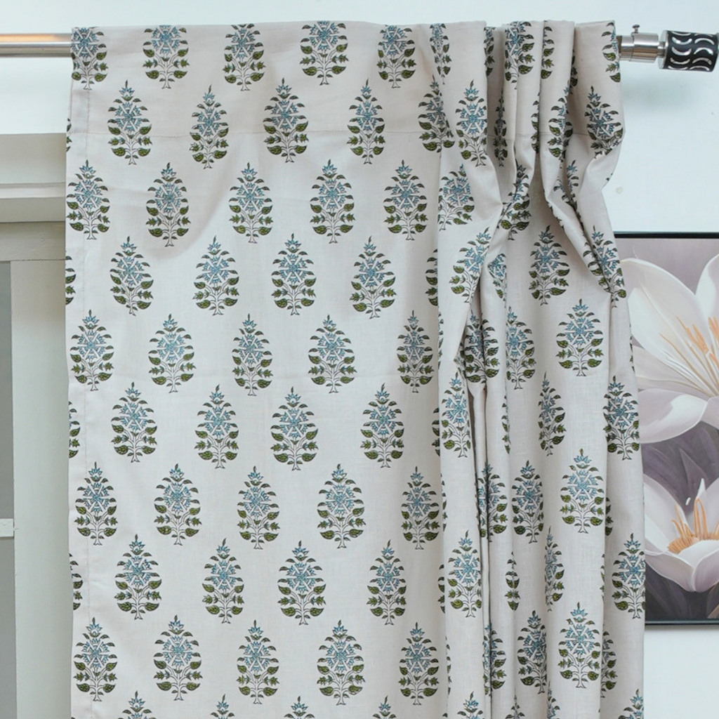 Green Blue Floral Block Print Linen Curtain Handmade Boho Window Panel - Gulnari