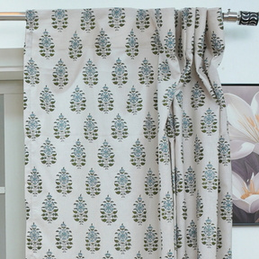 Green Blue Floral Block Print Linen Curtain Handmade Boho Window Panel - Gulnari