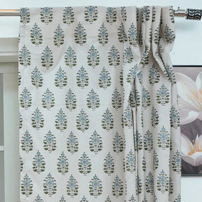 Green Blue Floral Block Print Linen Curtain Handmade Boho Window Panel - Gulnari
