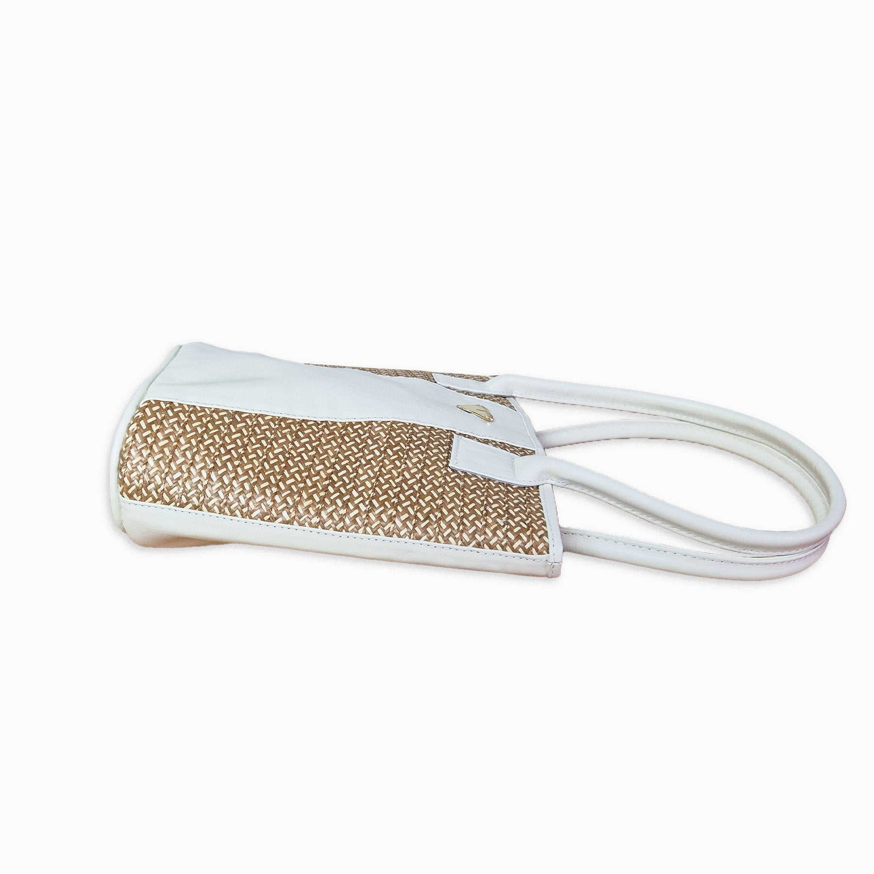 Beige Leather Tetra Tote – Handmade Medium Shoulder Bag with Palm Weave, Classic Leather Purse