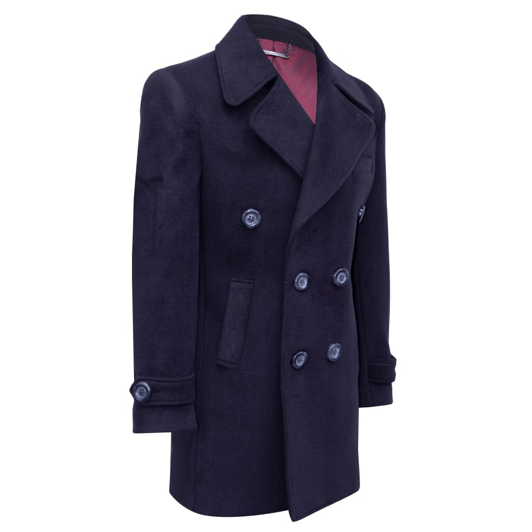 Black double-breasted coat.