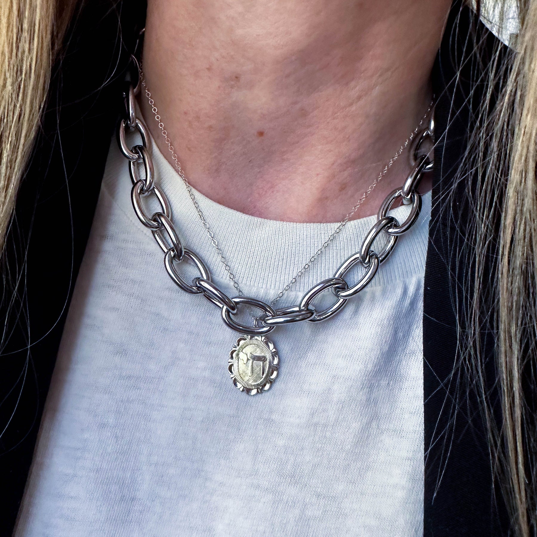 Chai Charm Necklace Sterling Silver Flower Frame