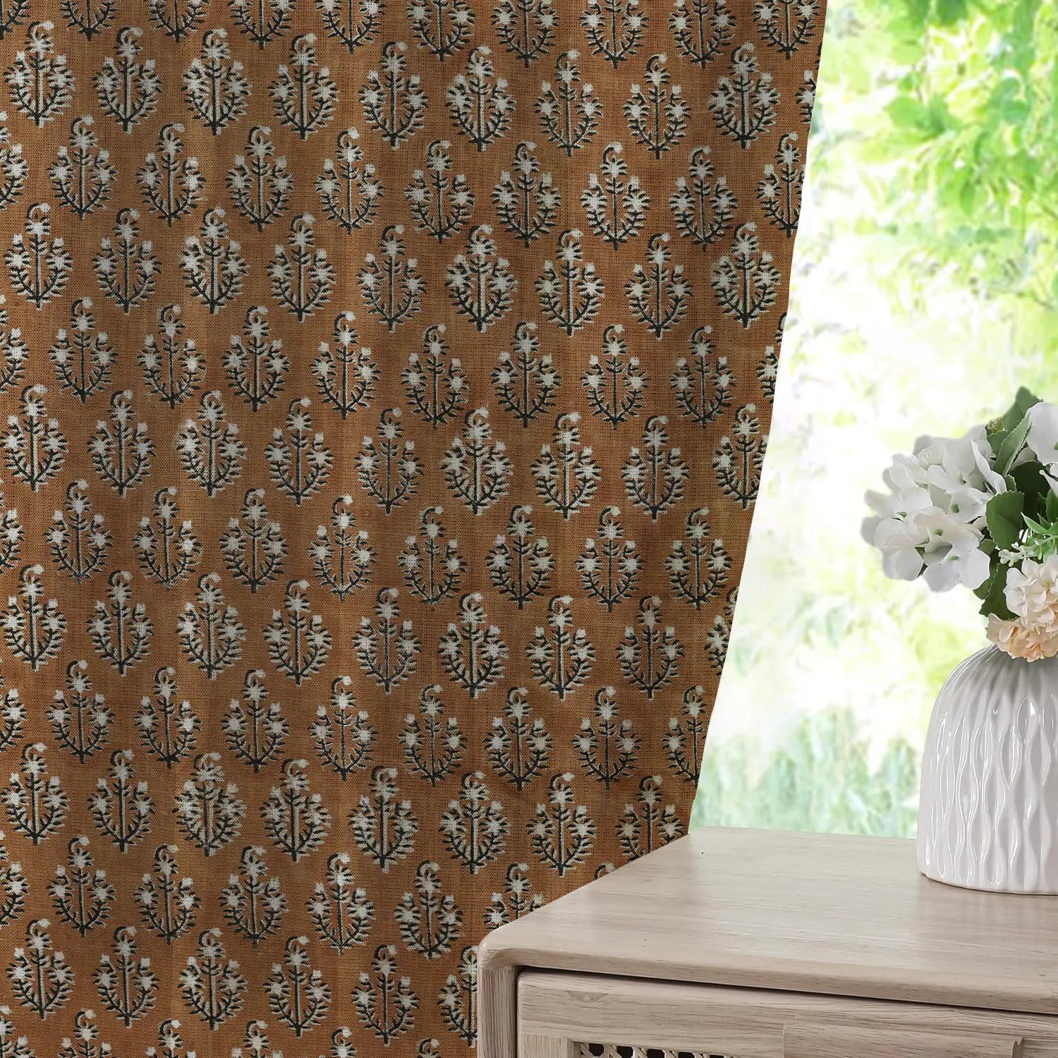 Handblock Print Thick Linen Pleated Curtain - Neelg]agan
