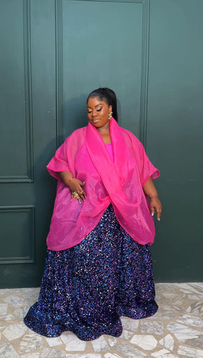 3- piece Casablanca pink Twist Top With Maxi flare Sequin Skirt Set (pink) and inner