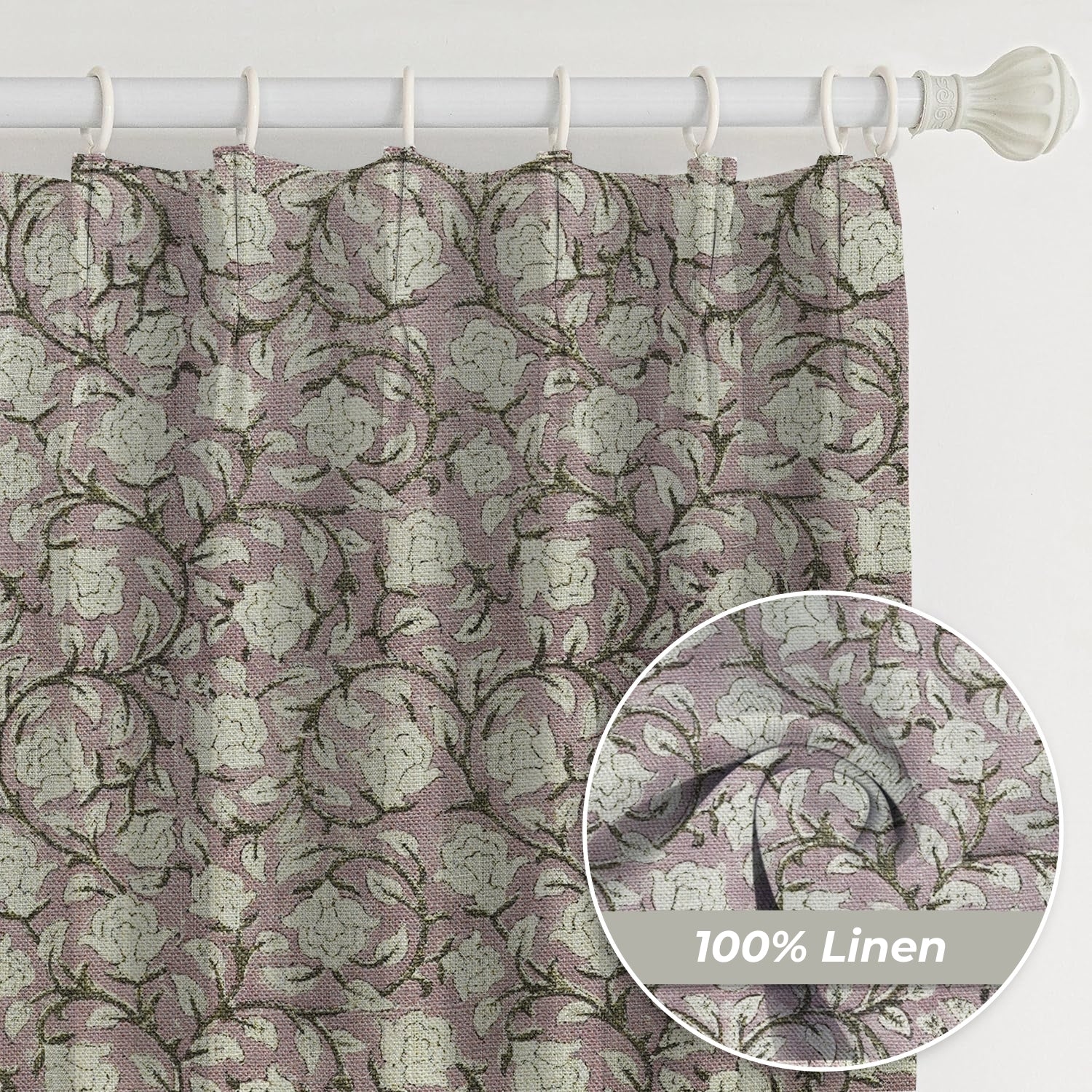 Floral Hand Block Print Thick Linen Pleated Curtain - Amritvela