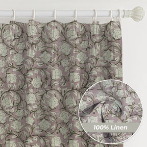 Floral Hand Block Print Thick Linen Pleated Curtain - Amritvela