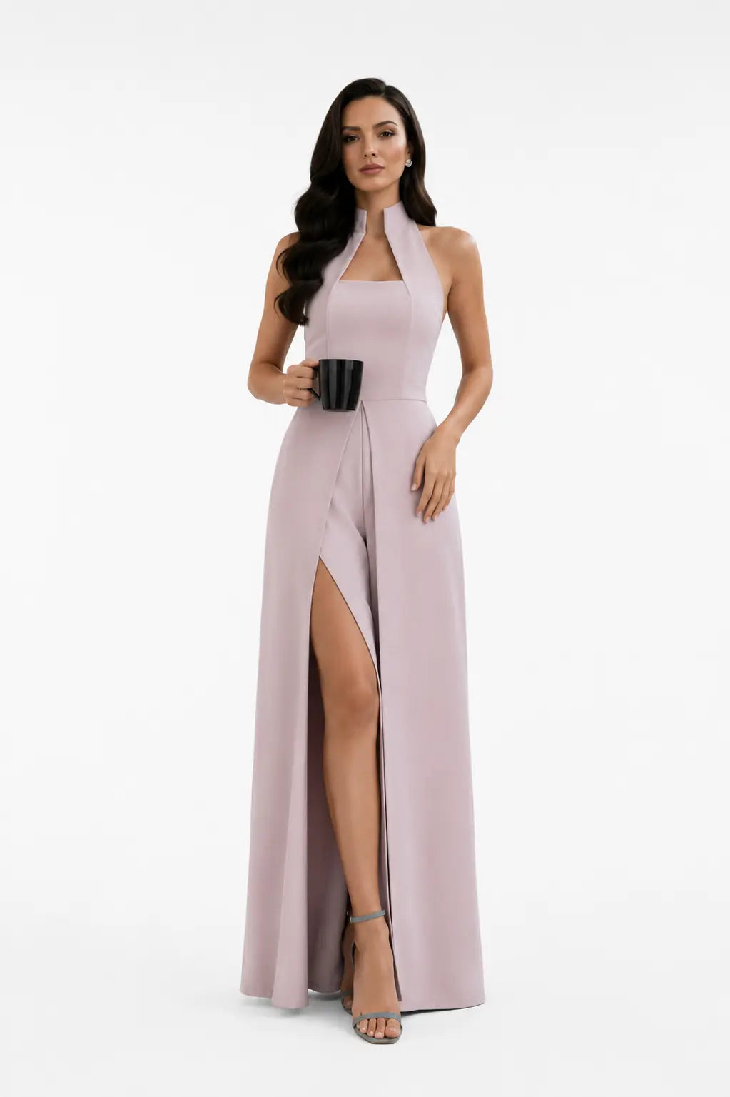 Salmon Pink High-collar Slit-leg Jumpsuit