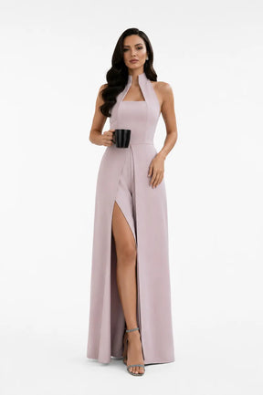 Salmon Pink High-collar Slit-leg Jumpsuit