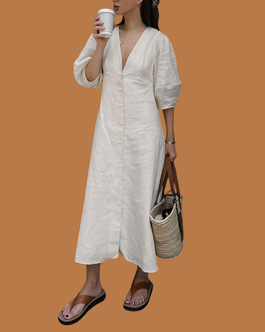 Isla Button-Down Linen Midi Dress – White V-Neck with ¾ Sleeves