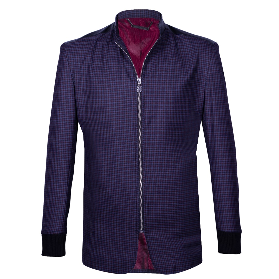 Purple checkered blazer with synthetic collar