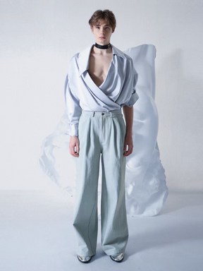 Silvery Satin Wrap Drape Shirt