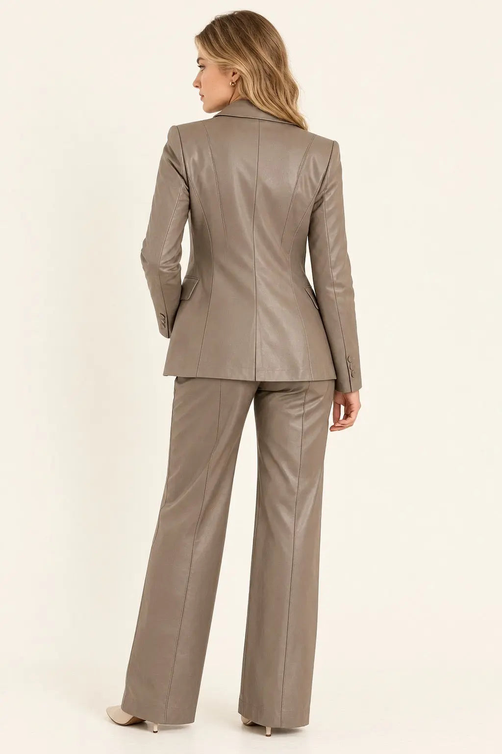 Taupe Leather Blazer & Wide-Leg Pants Set
