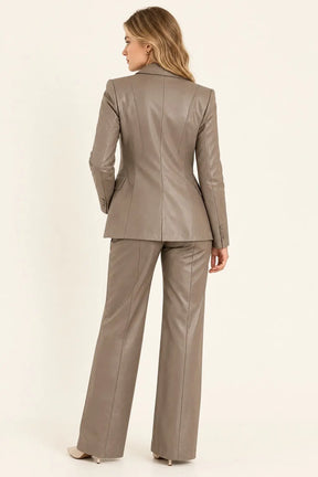 Taupe Leather Blazer & Wide-Leg Pants Set