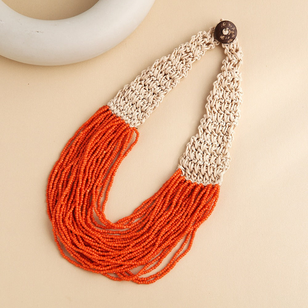 Fashionable retro ethnic style exaggerated style hand woven 30 layer wax rope rice bead necklace for women