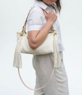 Blair Shoulder Bag, Cream Embossed Leather/Tassels